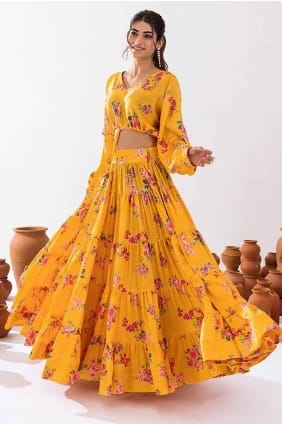 lehenga choli jaune en mousseline de soie avec imprimé LC8132