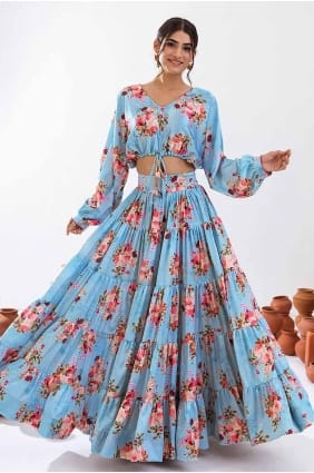 choli lehenga en mousseline de soie imprimé bleu turquoise LC8134