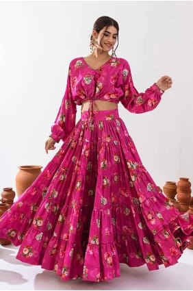 choli lehenga en mousseline à imprimé magenta LC8135