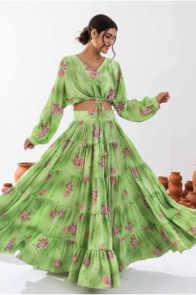 choli lehenga imprimé en mousseline de soie vert pista avec dupatta LC8137