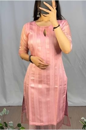 kurti rose en dentelle organza avec dupatta KTI2626