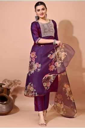 Kurti violet foncé en soie avec broderie KTI2615
