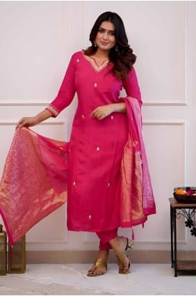 Tailleur pantalon droit rose Chanderi brodé avec dupatta SK155048