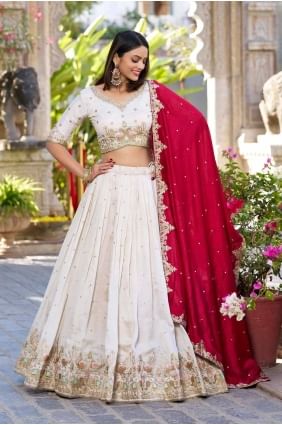 Mariage en soie brodée blanc cassé Lehenga Choli LC8305