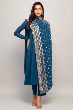 Tailleur pantalon droit en crêpe bleu sarcelle avec dentelle SK155068