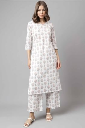 Salwar Kameez imprimé en coton blanc SK155074