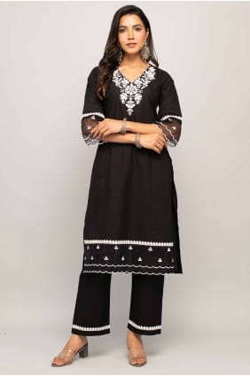 Tailleur pantalon droit rouge en mousseline de soie brodé avec dupatta SK155076