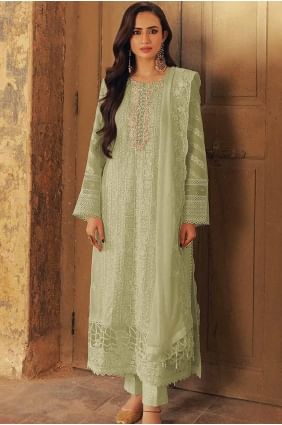Costume pakistanais de l’Aïd brodé vert en georgette SK155096