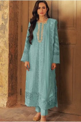 costume pakistanais de l'Aïd en georgette brodée bleu ciel SK155097