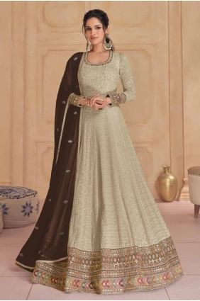 costume anarkali beige pour l'Aïd en georgette brodée AS4035