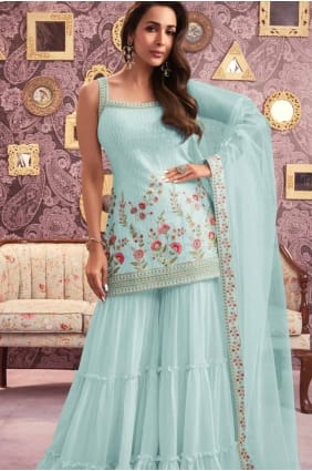 tailleur sharara bleu ciel en georgette avec broderies SS1221