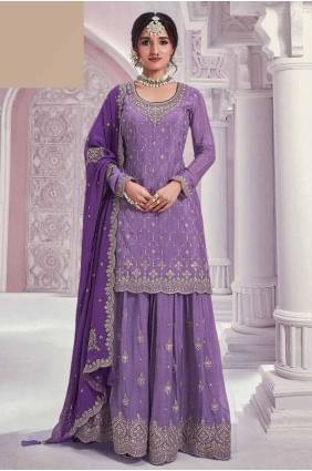 costume sharara violet brodé en mousseline avec dupatta SS1225