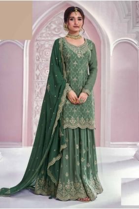 costume sharara en mousseline verte avec broderie SS1226