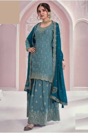 costume sharara bleu ciel en mousseline brodée SS1228
