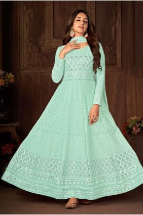 costume anarkali turquoise en fausse georgette brodée avec dupatta AS3401