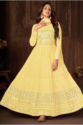 costume anarkali en fausse georgette brodé en jaune avec dupatta AS3402