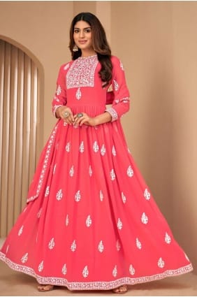 costume anarkali brodé en fausse georgette rose avec dupatta AS3403