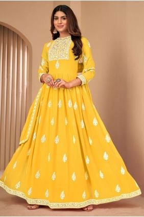 costume anarkali jaune en fausse georgette avec broderies AS3405