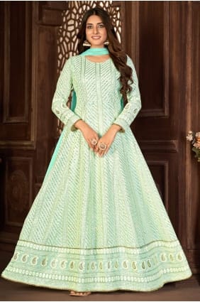 Costume brodé de fausse Georgette Anarkali en turquoise avec dupatta AS3408
