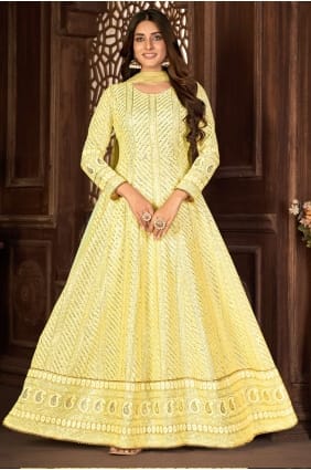 costume anarkali en fausse georgette brodé en jaune AS3409