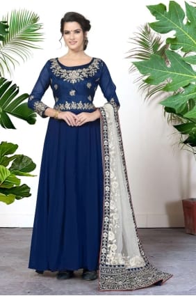 Bleu Faux Georgette Anarkali Costume avec broderie AS3411