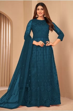 Costume anarkali brodé filet sarcelle avec dupatta AS3417