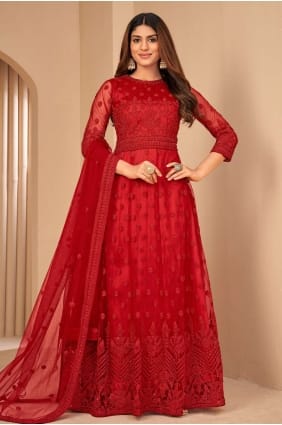 costume anarkali net brodé en rouge AS3418