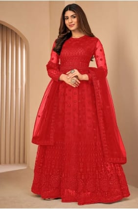costume anarkali brodé filet rouge avec dupatta AS3420