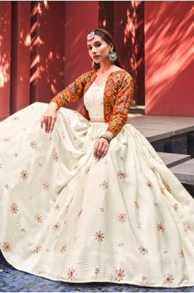 Mousseline de soie brodée beige Lehenga Choli LC6504