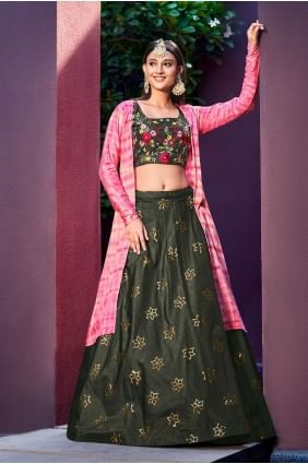 choli lehenga brodé en coton vert olive avec dupatta LC6507