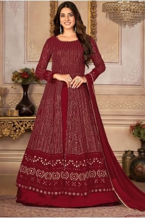 costume anarkali en fausse georgette brodée bordeaux avec dupatta AS3430