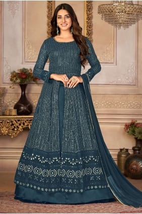 costume anarkali en fausse georgette brodé en bleu sarcelle AS3432