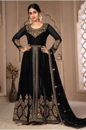 costume eid anarkali noir en fausse georgette brodé AS3433