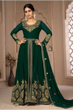 costume eid anarkali en fausse georgette verte avec broderie AS3435