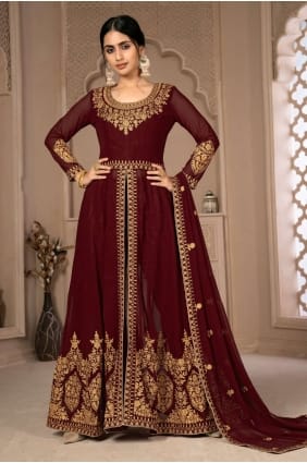 costume eid anarkali brodé en fausse georgette bordeaux AS3436