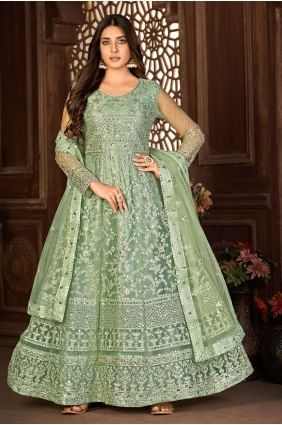 costume anarkali brodé filet vert avec dupatta AS3444