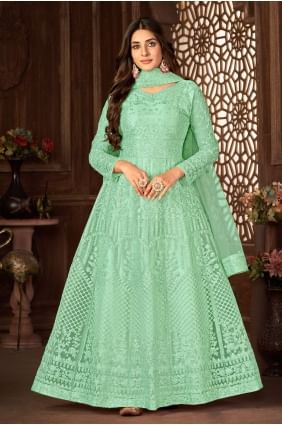 costume anarkali vert brodé net avec dupatta AS3447