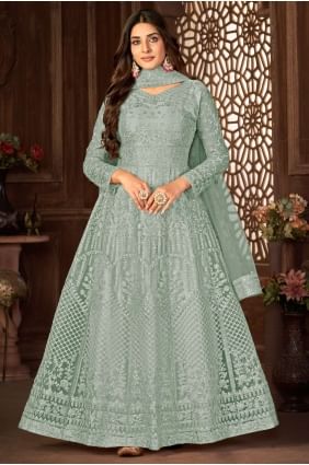costume anarkali gris en résille brodé AS3448