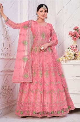 costume eid anarkali brodé en filet rose AS3459