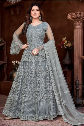 costume eid anarkali gris net brodé AS3461