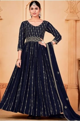 costume eid anarkali bleu en georgette avec broderies AS3462