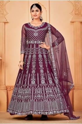 costume net eid anarkali brodé en violet AS3463