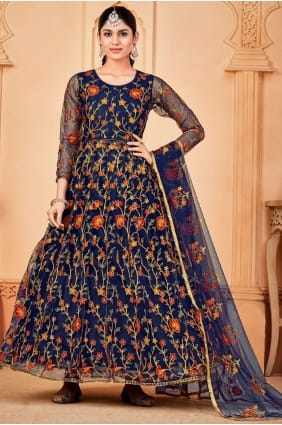 costume bleu eid anarkali avec filet brodé AS3464