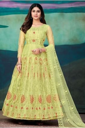 costume eid anarkali jaune brodé net avec dupatta AS3465