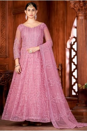 costume net brodé eid anarkali poussiéreux avec dupatta AS3468