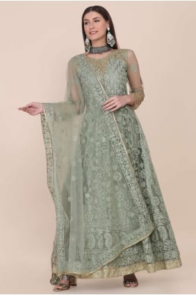 Costume Eid Anarkali en filet vert clair avec brodé AS3470