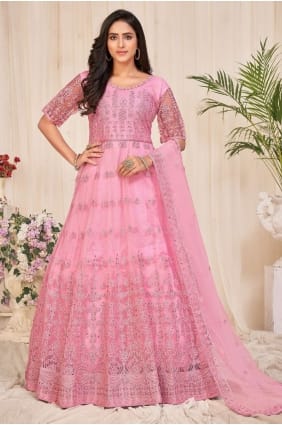 Costume rose pâle brodé en filet Eid Anarkali AS3473