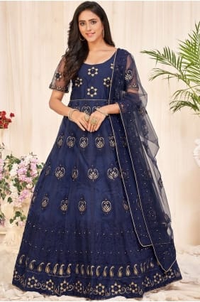 costume bleu marine filet brodé eid anarkali AS3474
