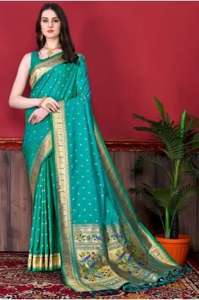 sari en soie turquoise avec tissage SR23947
