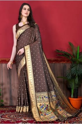 sari en soie marron avec tissage SR23950